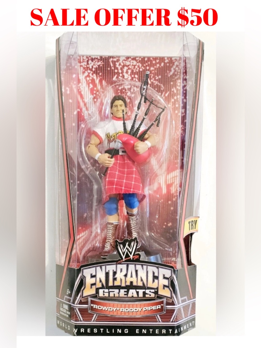 Rowdy Roddy Piper Bagpipes Plays Theme Music WWE Wrestling Toy Figure